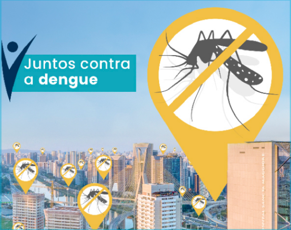 Imagem ilustrativa de uma ação de combate à dengue, mostrando agentes de saúde em parceria com a Prevent Senior aplicando larvicidas em áreas estratégicas e orientando a população sobre prevenção.