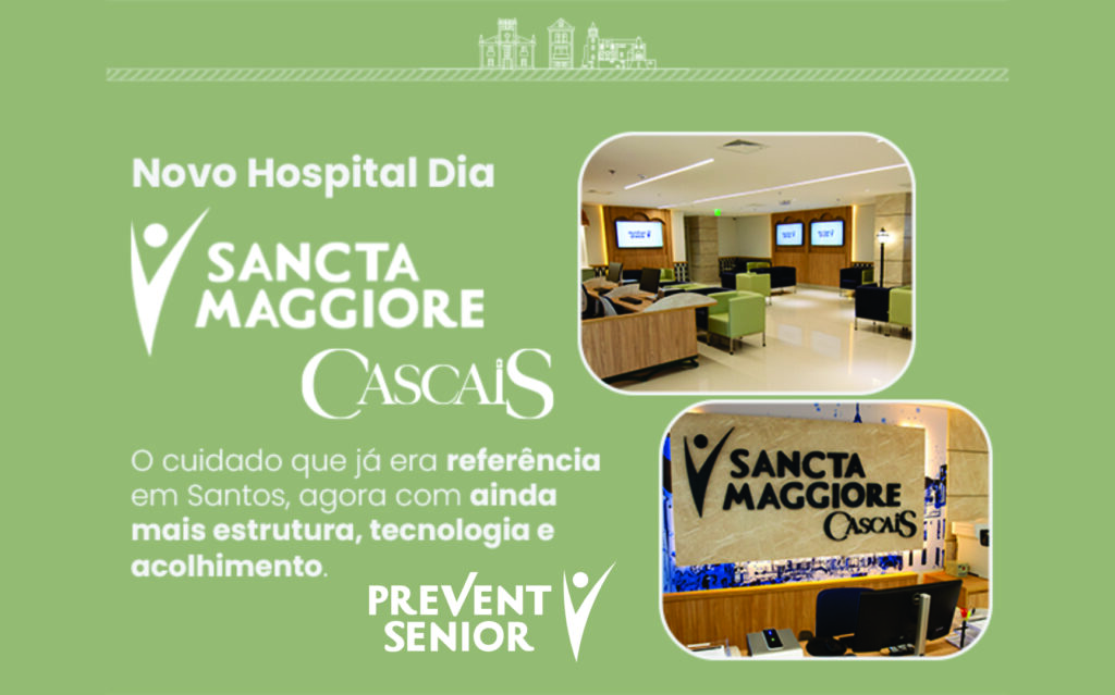 Uma imagem do interior do Hospital Dia Sancta Maggiore Cascais em Santos, mostrando uma área de recepção ou lounge. O espaço é decorado com móveis confortáveis em tons neutros, iluminação suave e detalhes que remetem à cultura portuguesa, como azulejos decorativos ou obras de arte.