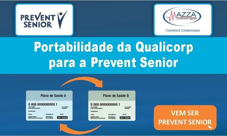 Guia de Portabilidade Qualicorp para Prevent Senior 2026 Banner de portabilidade da Qualicorp para a Prevent Senior com logos da Mazza Corretora e Prevent.