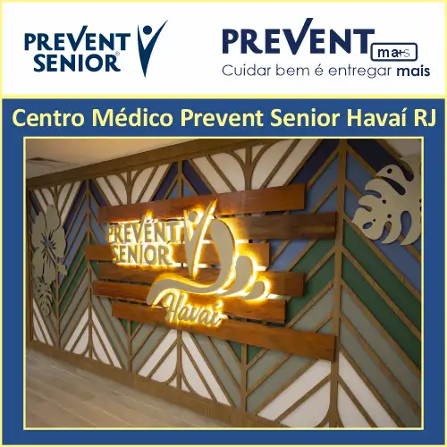 Conheça a rede de Hospitais Sancta Maggiore em São Paulo Fachada interna do Centro Médico Prevent Senior Havaí no Rio de Janeiro, com iluminação moderna e logotipos dos planos Senior e MA+S.